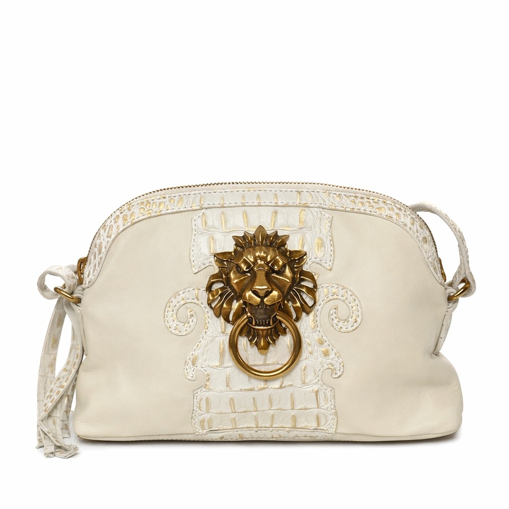 Sharif Cream Leather Clutch with Gold Lion Hardware